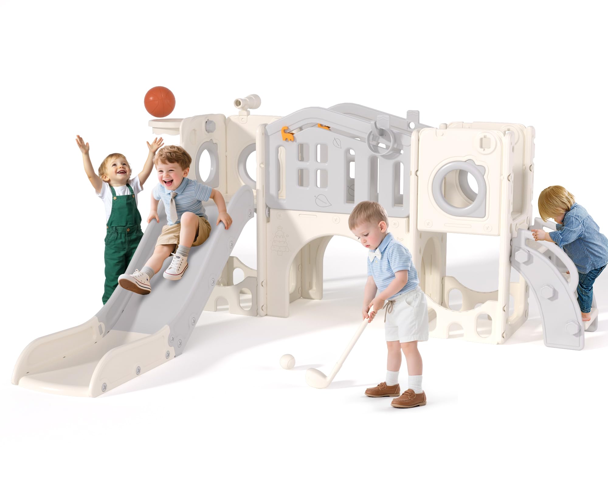 8 in 1 Toddler Slide Set, Kids Slide for Toddlers Age 1-3, Toddler Climber Slide PlaySet with Basketball Hoop and Ball, Outdoor Indoor Kids Playground for Toddlers 1-3, Blue Grey