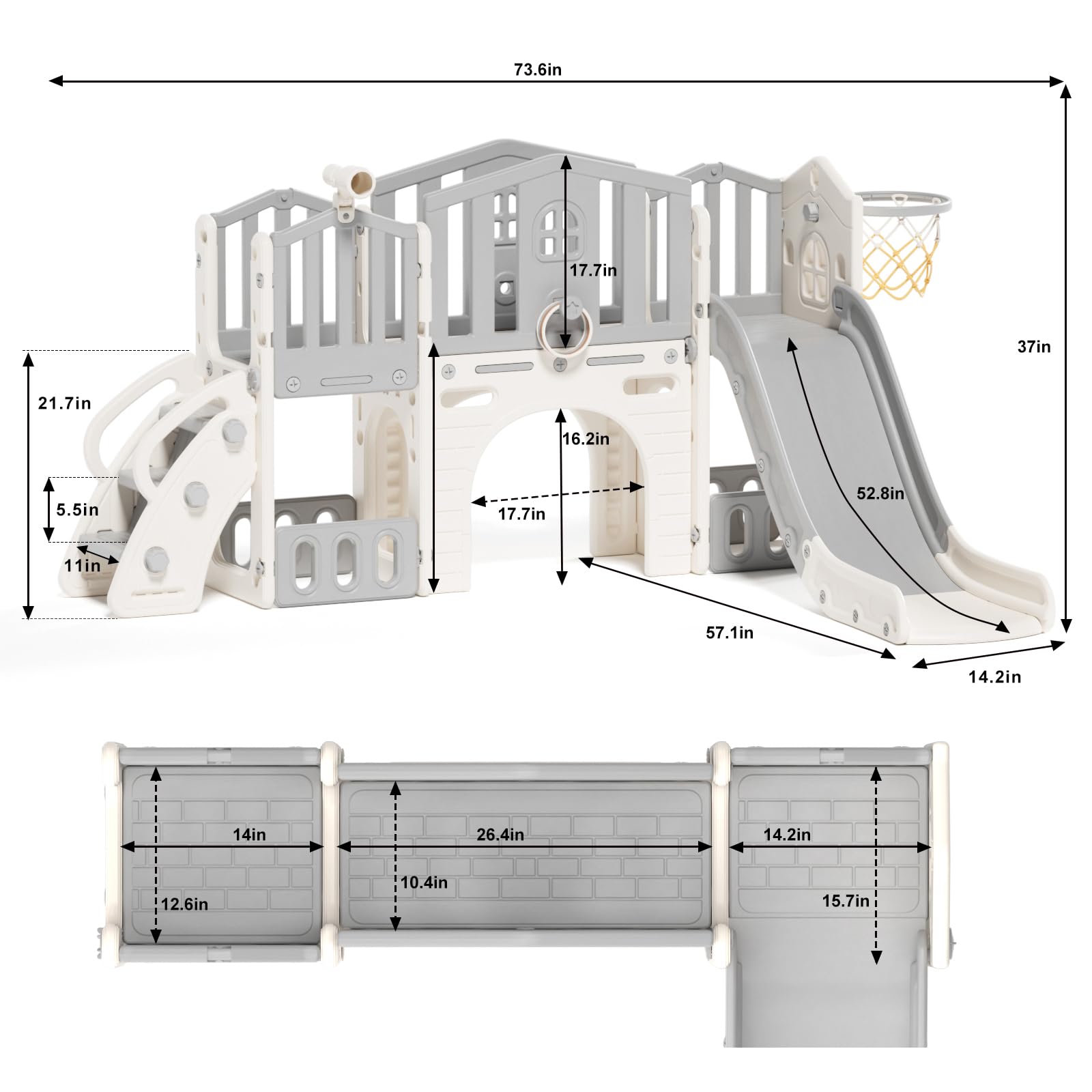 8 in 1 Toddler Slide Set, Kids Slide for Toddlers Age 1-3, Toddler Climber Slide PlaySet with Basketball Hoop and Ball, Outdoor Indoor Kids Playground for Toddlers 1-3, Blue Grey