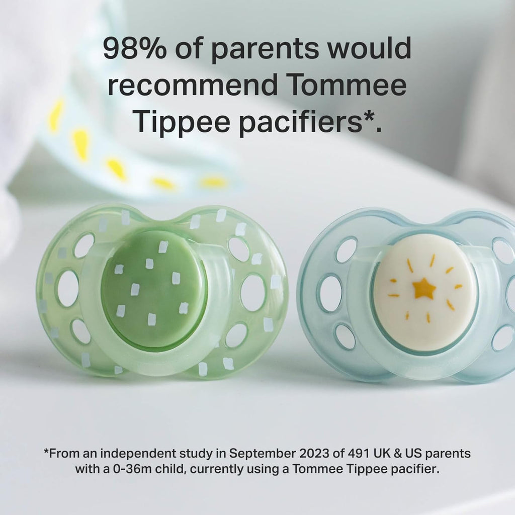 Tommee Tippee NightGlow Pacifiers, 18-36 Months, Glow in the Dark, Symmetrical Nipple, 100% BPA Free Silicone, Dishwasher and Sterilizer Safe, Twilight Tones, Pack of 4