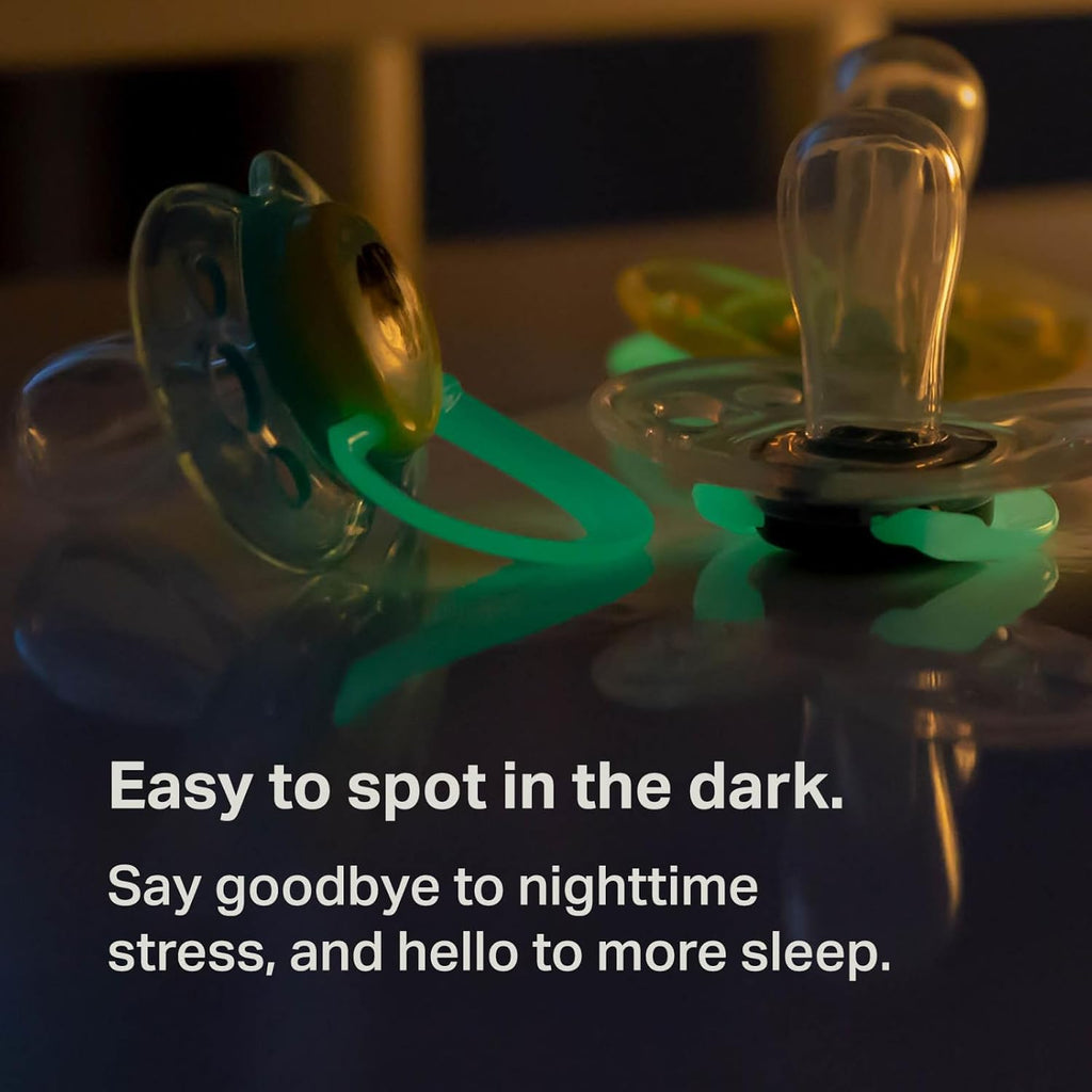 Tommee Tippee NightGlow Pacifiers, 18-36 Months, Glow in the Dark, Symmetrical Nipple, 100% BPA Free Silicone, Dishwasher and Sterilizer Safe, Twilight Tones, Pack of 4