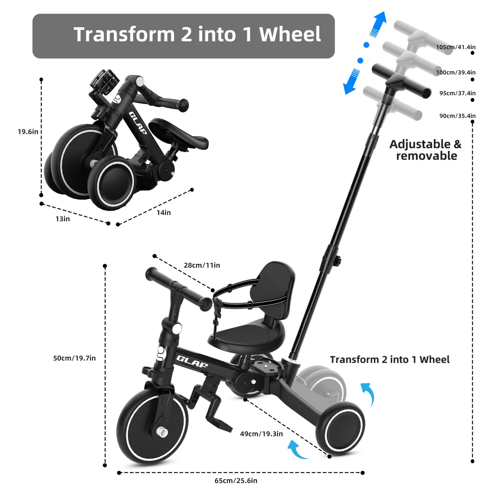 Glaf Tricycle for Toddlers 1-3 Toddler Bike with Push Handle 2-4 Years Baby Bike Toys for 2 Years Boys and Girls Balance Bike with Adjustable Seat Height and Backrest Birthday Gift (White)