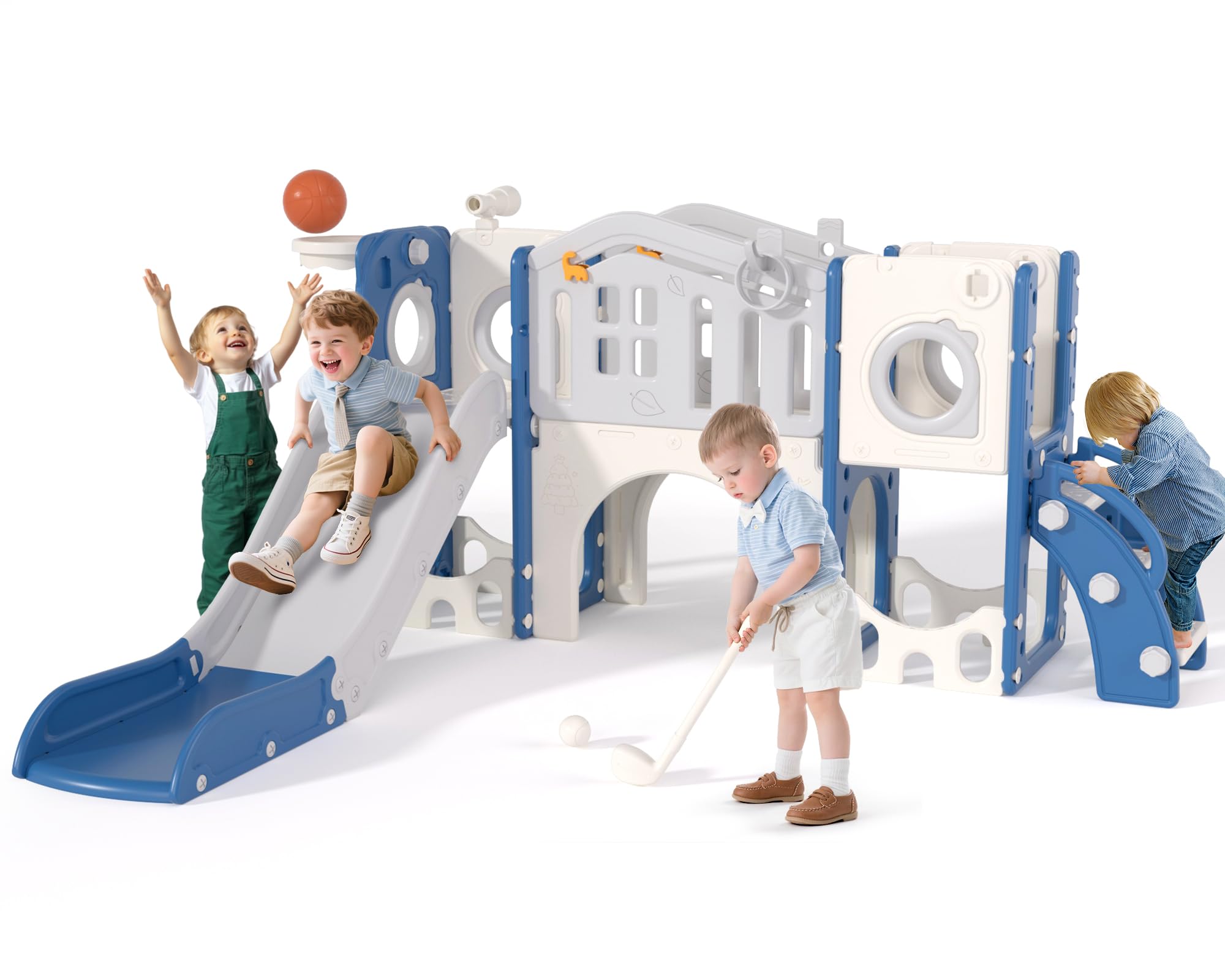 8 in 1 Toddler Slide Set, Kids Slide for Toddlers Age 1-3, Toddler Climber Slide PlaySet with Basketball Hoop and Ball, Outdoor Indoor Kids Playground for Toddlers 1-3, Blue Grey