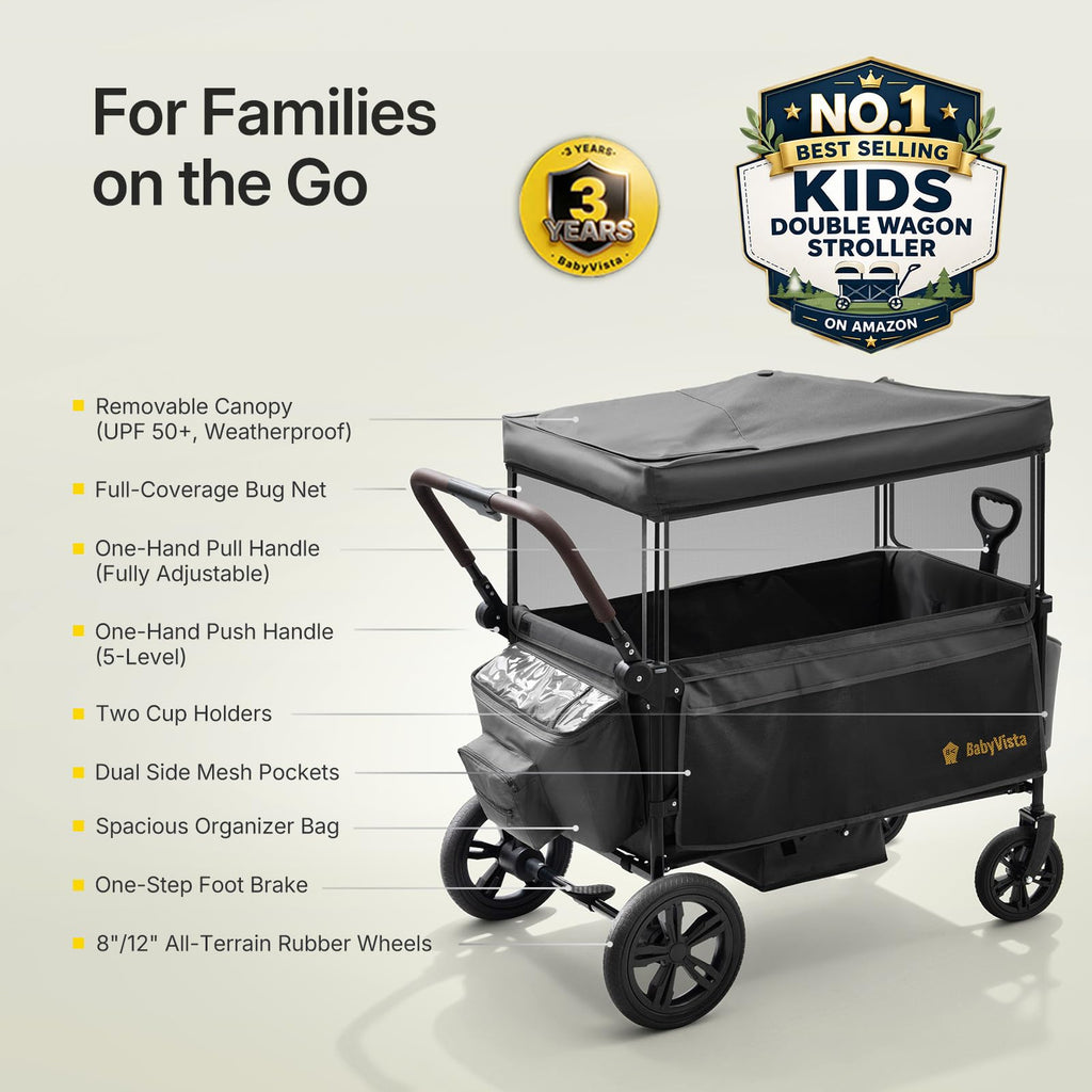 Stroller Wagon for Kids, One-Hand Adjustable Push/Pull Handle | Spacious Storage, 8"/12" All-Terrain Wheels, Canopy with Bug Net, Wagon Stroller for Daily Walks, Short Trips & Grocery Runs
