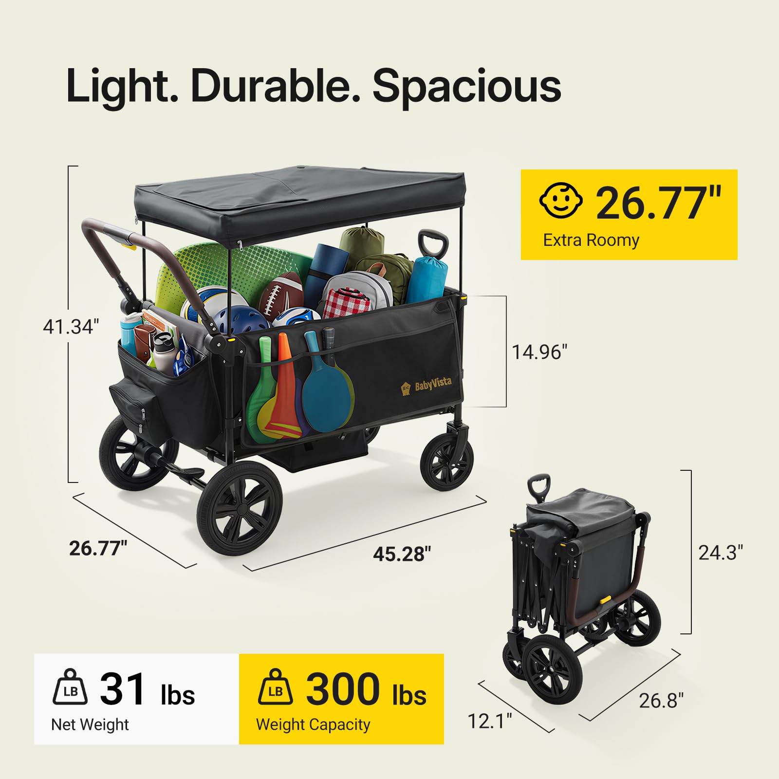 Stroller Wagon for Kids, One-Hand Adjustable Push/Pull Handle | Spacious Storage, 8"/12" All-Terrain Wheels, Canopy with Bug Net, Wagon Stroller for Daily Walks, Short Trips & Grocery Runs
