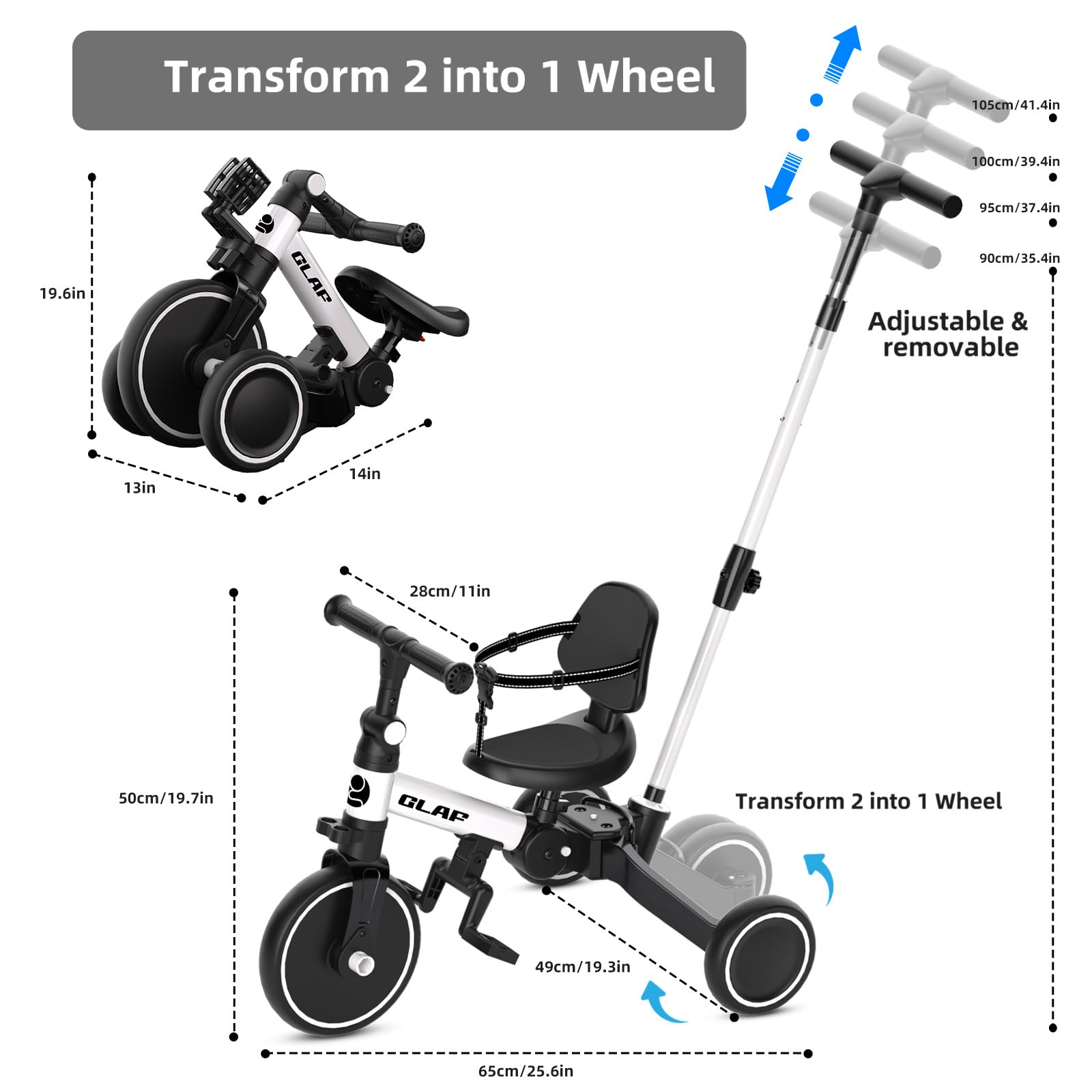 Glaf Tricycle for Toddlers 1-3 Toddler Bike with Push Handle 2-4 Years Baby Bike Toys for 2 Years Boys and Girls Balance Bike with Adjustable Seat Height and Backrest Birthday Gift (White)