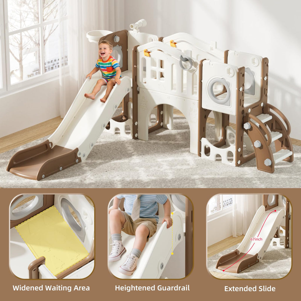 8 in 1 Toddler Slide Set, Kids Slide for Toddlers Age 1-3, Toddler Climber Slide PlaySet with Basketball Hoop and Ball, Outdoor Indoor Kids Playground for Toddlers 1-3, Blue Grey