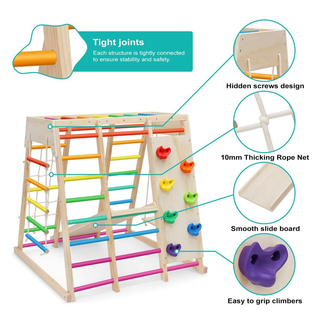 7 in 1 Pikler Indoor Playground Jungle Gym Playset, Wooden Montessori Climber with Slide, Rock Climb Wall, Monkey Bars, Rope Ladder, Climbing Rope and Swing for Kids（Rainbow）