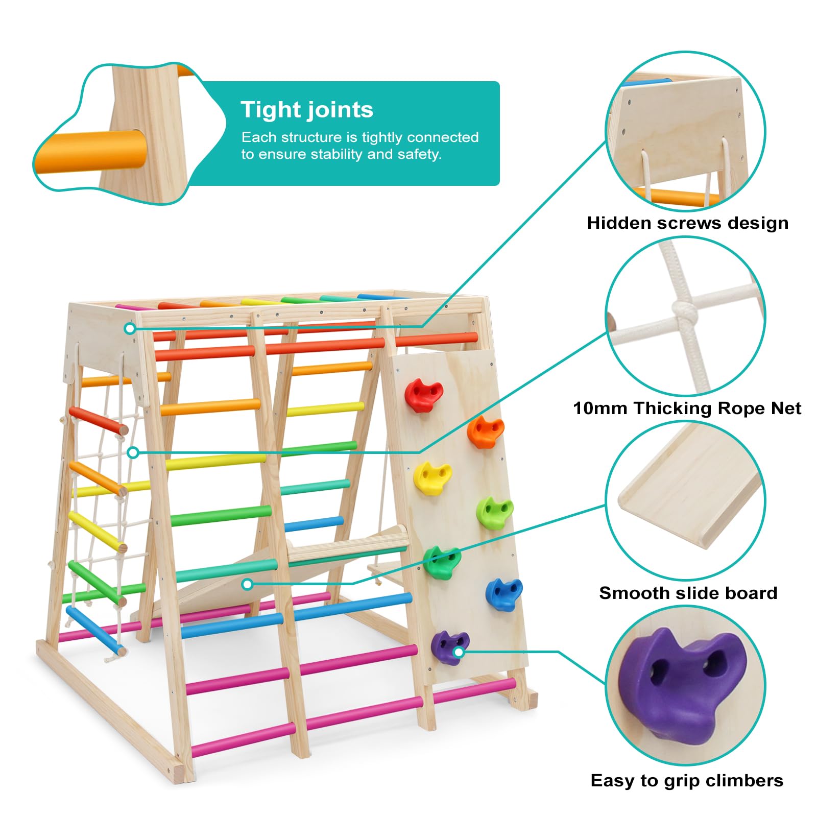 7 in 1 Pikler Indoor Playground Jungle Gym Playset, Wooden Montessori Climber with Slide, Rock Climb Wall, Monkey Bars, Rope Ladder, Climbing Rope and Swing for Kids（Rainbow）