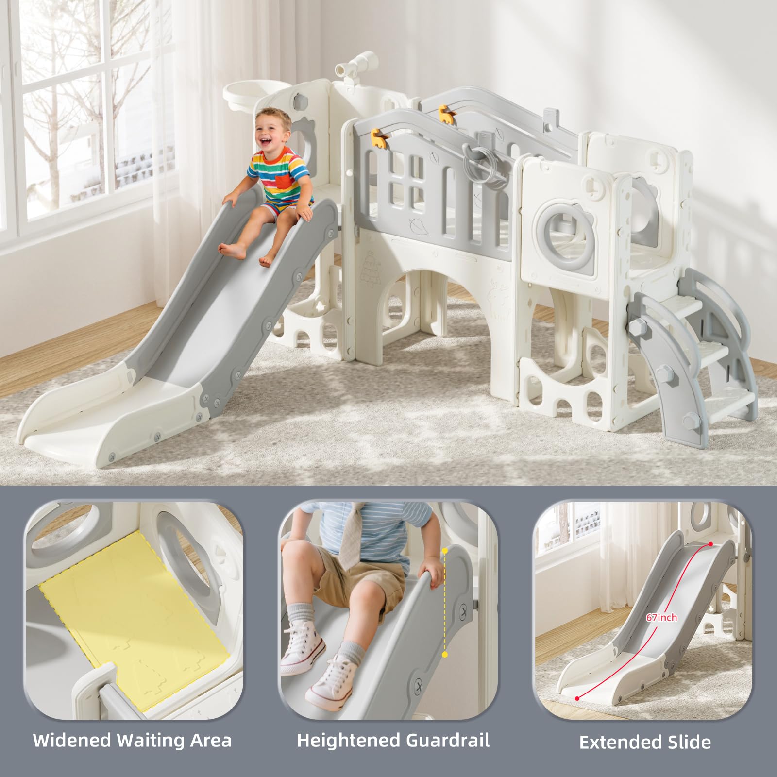 8 in 1 Toddler Slide Set, Kids Slide for Toddlers Age 1-3, Toddler Climber Slide PlaySet with Basketball Hoop and Ball, Outdoor Indoor Kids Playground for Toddlers 1-3, Blue Grey