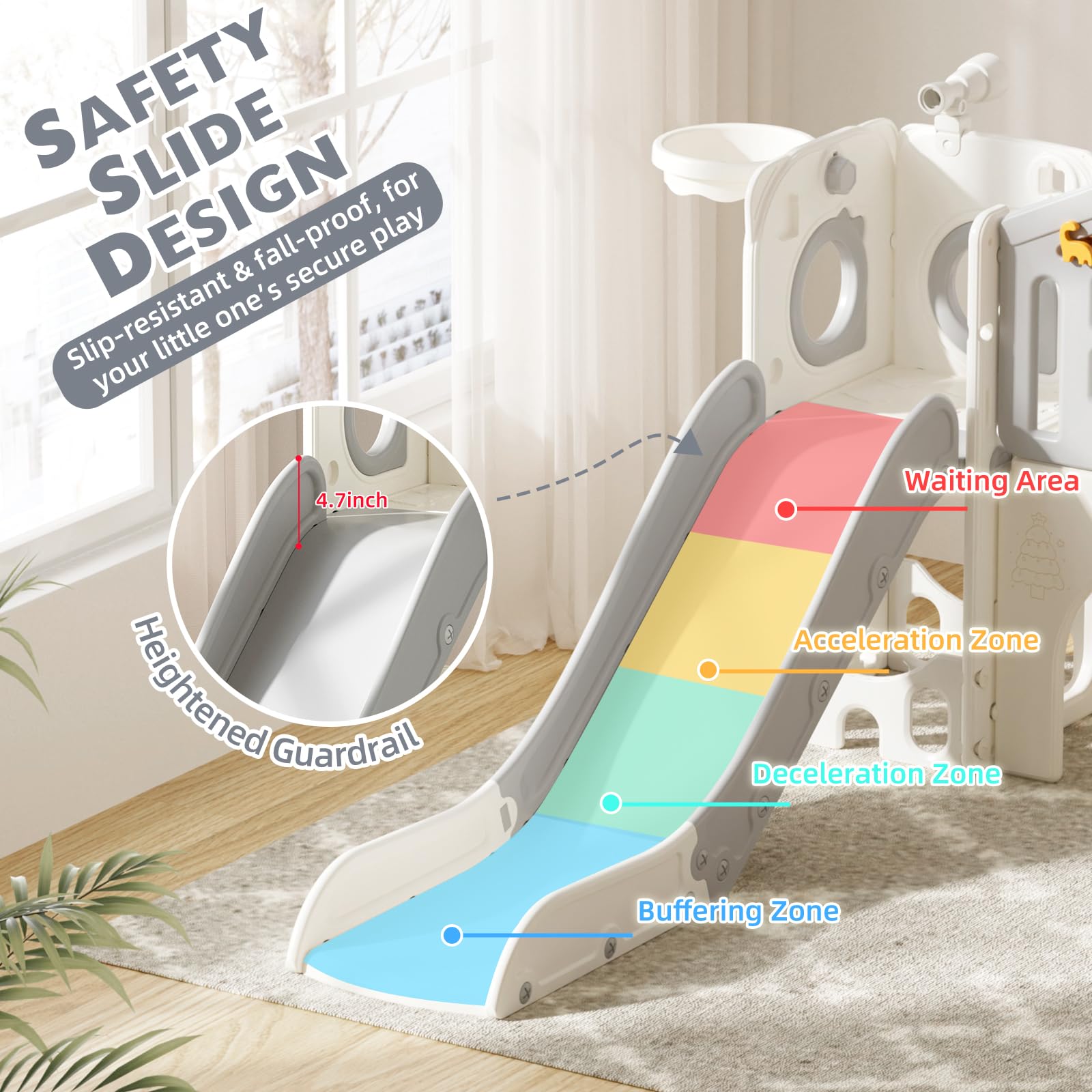 8 in 1 Toddler Slide Set, Kids Slide for Toddlers Age 1-3, Toddler Climber Slide PlaySet with Basketball Hoop and Ball, Outdoor Indoor Kids Playground for Toddlers 1-3, Blue Grey