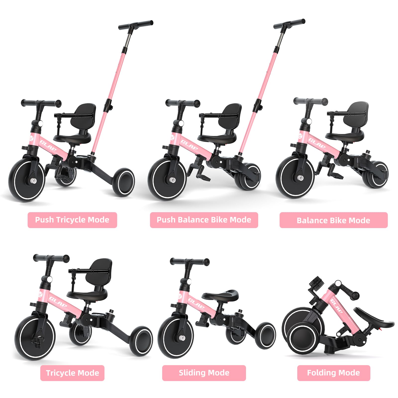 Glaf Tricycle for Toddlers 1-3 Toddler Bike with Push Handle 2-4 Years Baby Bike Toys for 2 Years Boys and Girls Balance Bike with Adjustable Seat Height and Backrest Birthday Gift (White)