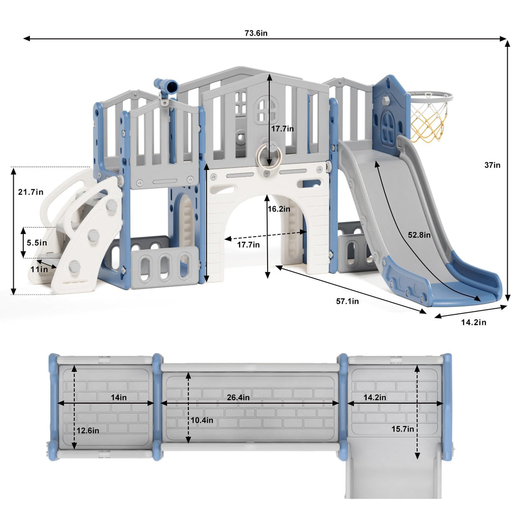 8 in 1 Toddler Slide Set, Kids Slide for Toddlers Age 1-3, Toddler Climber Slide PlaySet with Basketball Hoop and Ball, Outdoor Indoor Kids Playground for Toddlers 1-3, Blue Grey