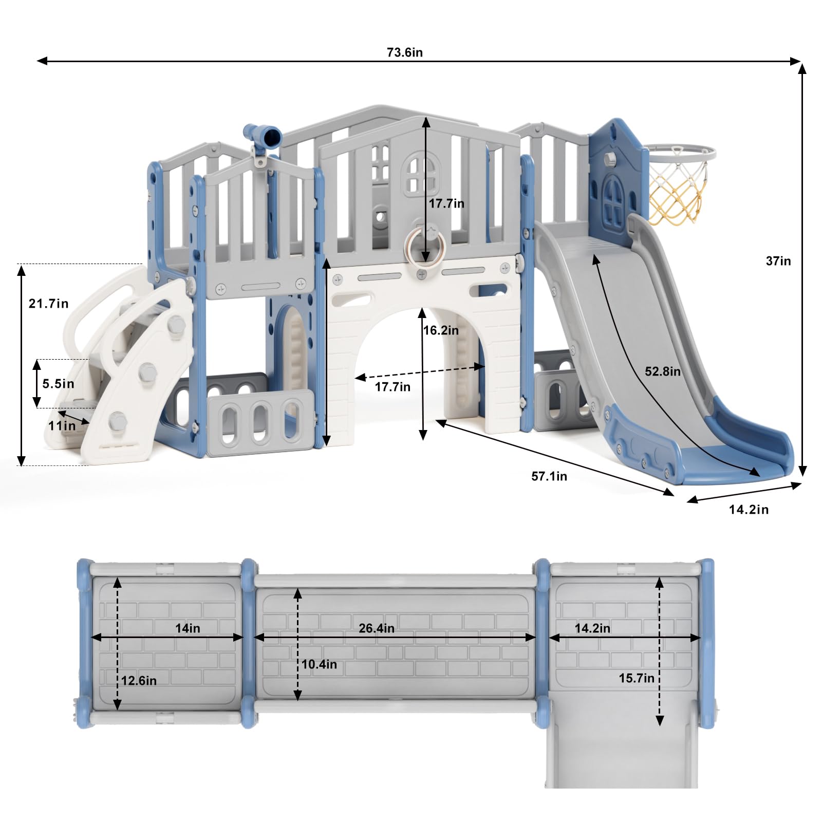 8 in 1 Toddler Slide Set, Kids Slide for Toddlers Age 1-3, Toddler Climber Slide PlaySet with Basketball Hoop and Ball, Outdoor Indoor Kids Playground for Toddlers 1-3, Blue Grey