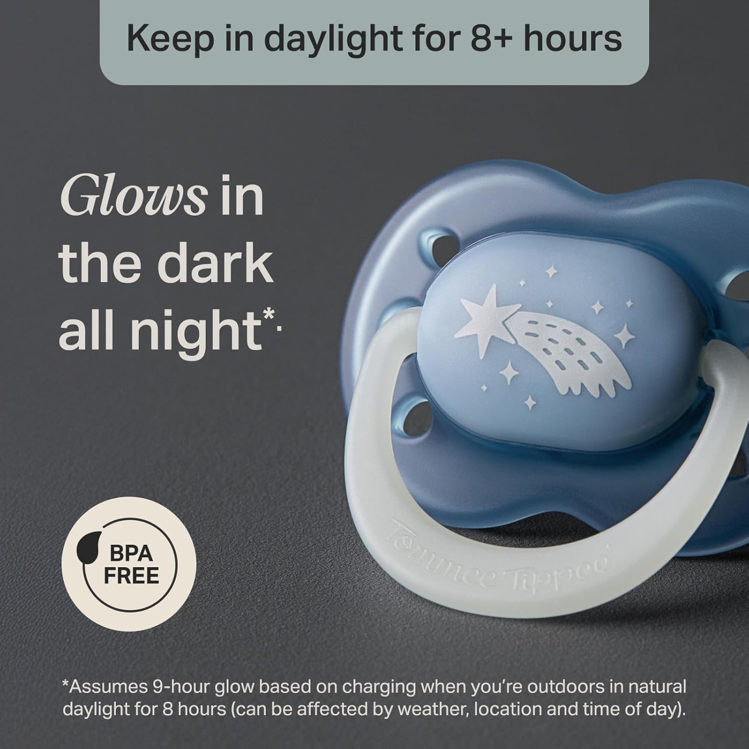 Tommee Tippee NightGlow Pacifiers, 18-36 Months, Glow in the Dark, Symmetrical Nipple, 100% BPA Free Silicone, Dishwasher and Sterilizer Safe, Twilight Tones, Pack of 4