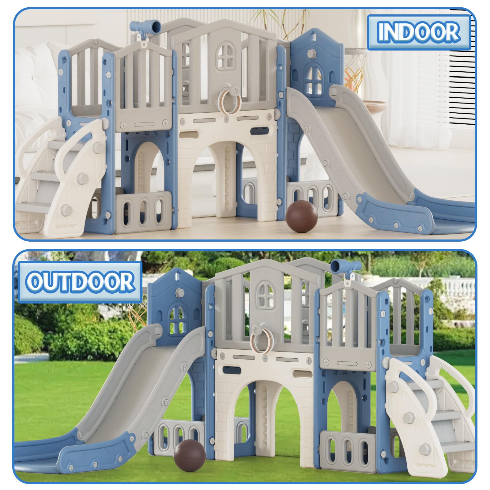 8 in 1 Toddler Slide Set, Kids Slide for Toddlers Age 1-3, Toddler Climber Slide PlaySet with Basketball Hoop and Ball, Outdoor Indoor Kids Playground for Toddlers 1-3, Blue Grey