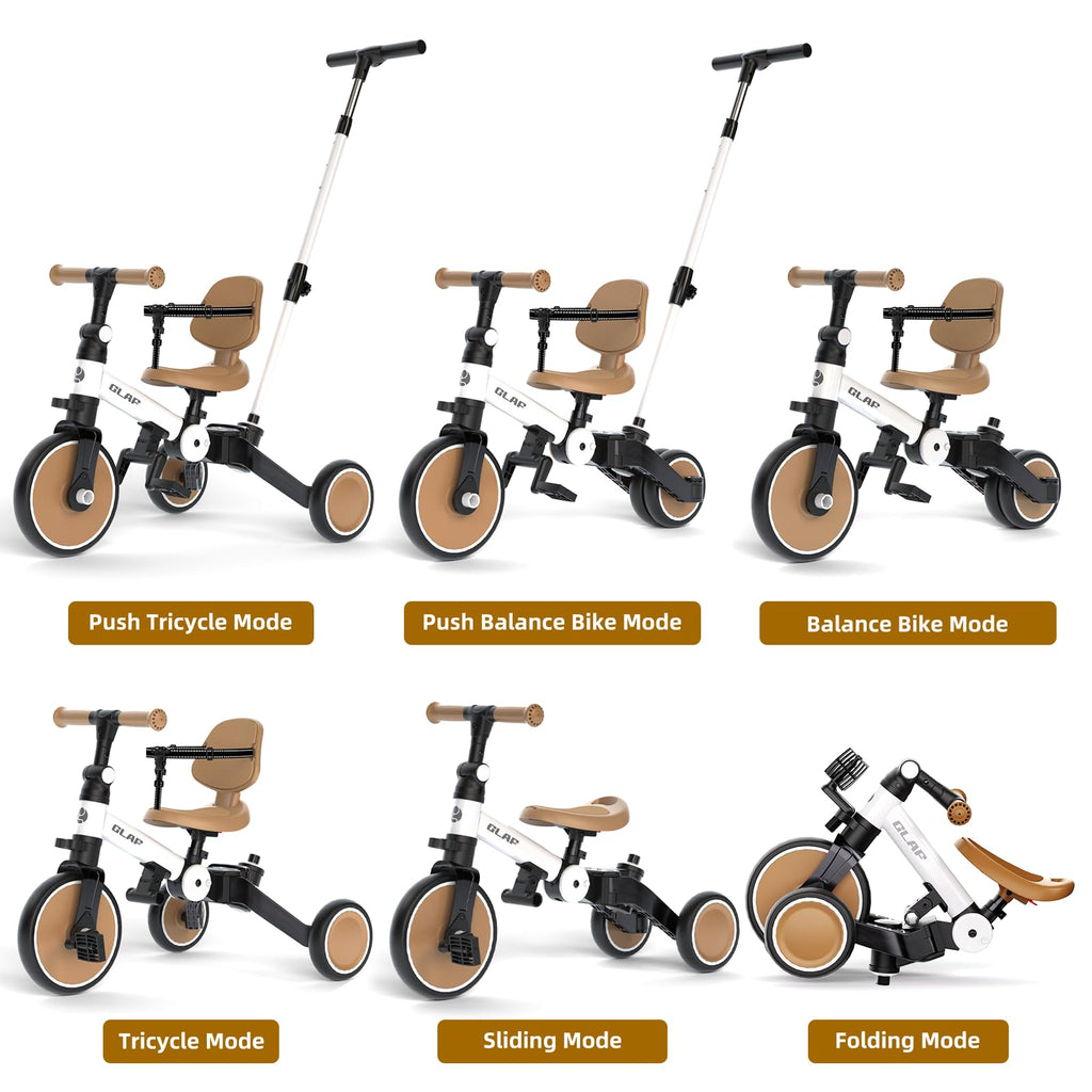 Glaf Tricycle for Toddlers 1-3 Toddler Bike with Push Handle 2-4 Years Baby Bike Toys for 2 Years Boys and Girls Balance Bike with Adjustable Seat Height and Backrest Birthday Gift (White)