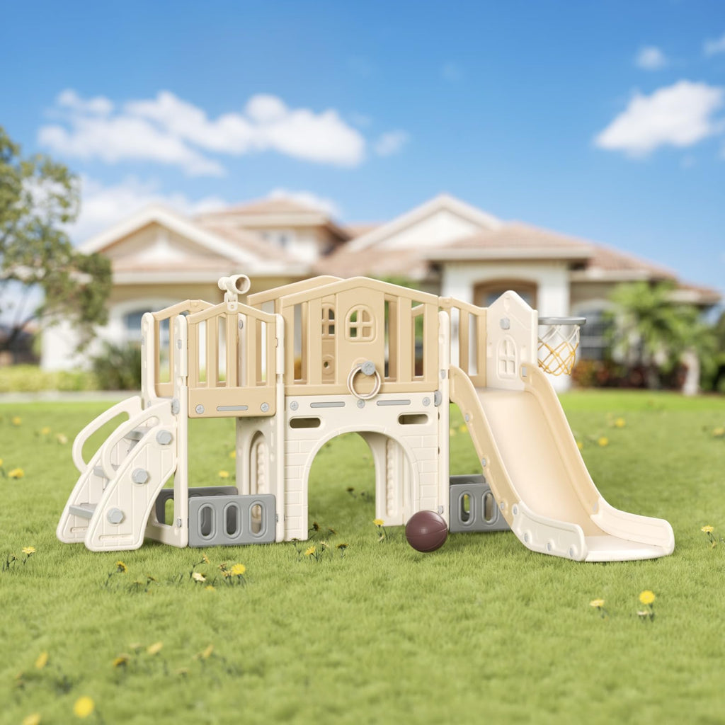 8 in 1 Toddler Slide Set, Kids Slide for Toddlers Age 1-3, Toddler Climber Slide PlaySet with Basketball Hoop and Ball, Outdoor Indoor Kids Playground for Toddlers 1-3, Blue Grey