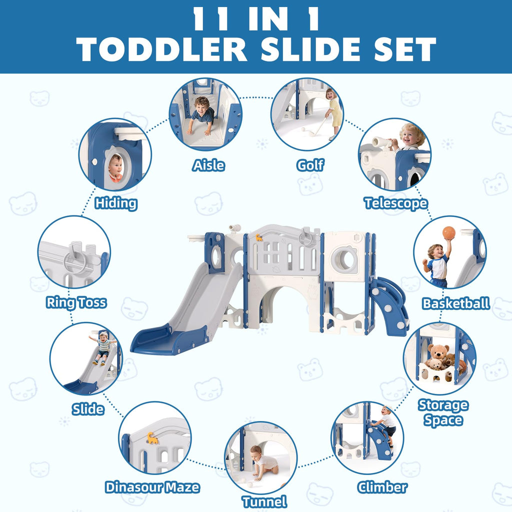 8 in 1 Toddler Slide Set, Kids Slide for Toddlers Age 1-3, Toddler Climber Slide PlaySet with Basketball Hoop and Ball, Outdoor Indoor Kids Playground for Toddlers 1-3, Blue Grey