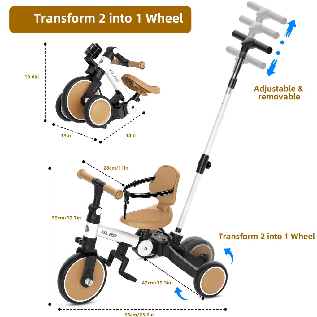 Glaf Tricycle for Toddlers 1-3 Toddler Bike with Push Handle 2-4 Years Baby Bike Toys for 2 Years Boys and Girls Balance Bike with Adjustable Seat Height and Backrest Birthday Gift (White)