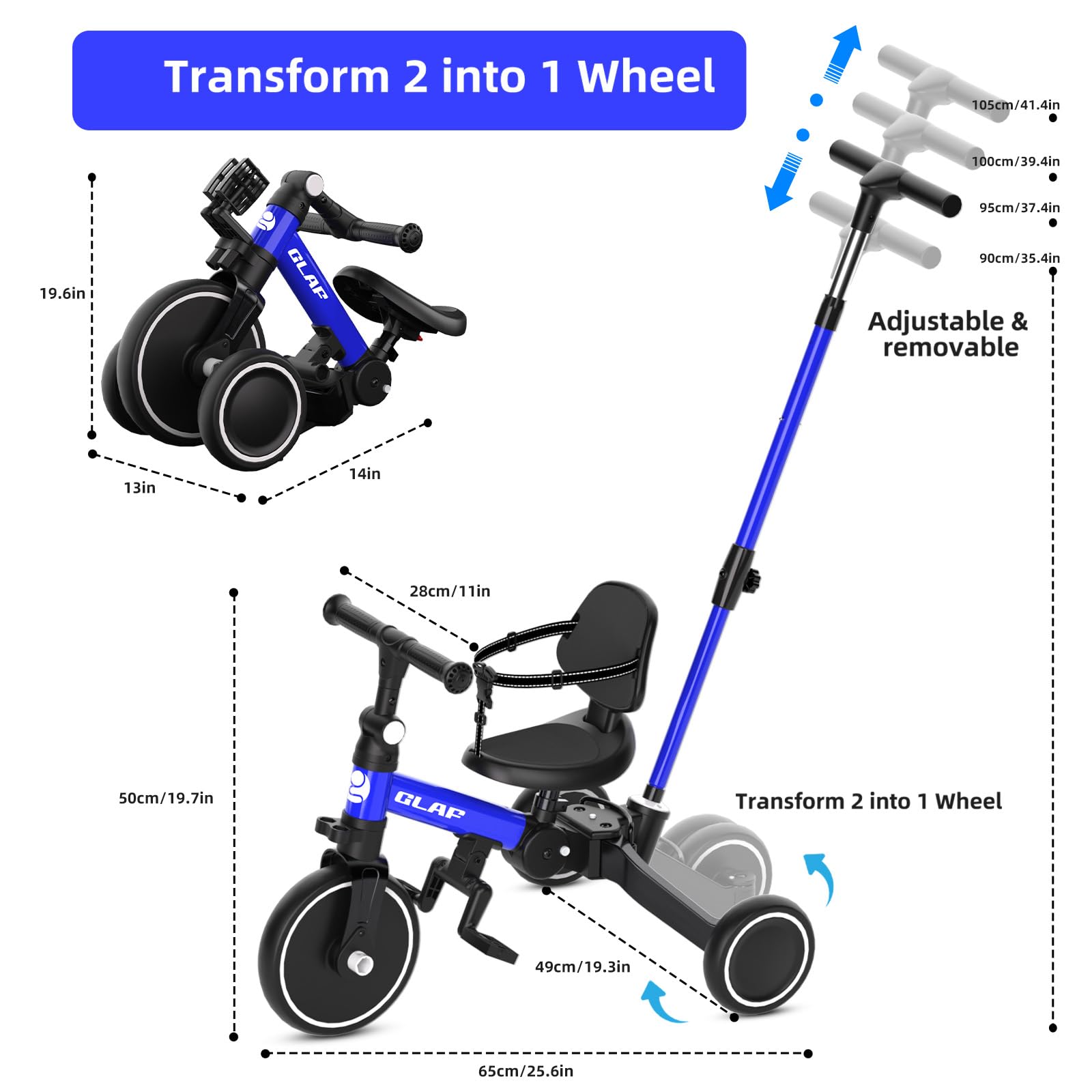 Glaf Tricycle for Toddlers 1-3 Toddler Bike with Push Handle 2-4 Years Baby Bike Toys for 2 Years Boys and Girls Balance Bike with Adjustable Seat Height and Backrest Birthday Gift (White)
