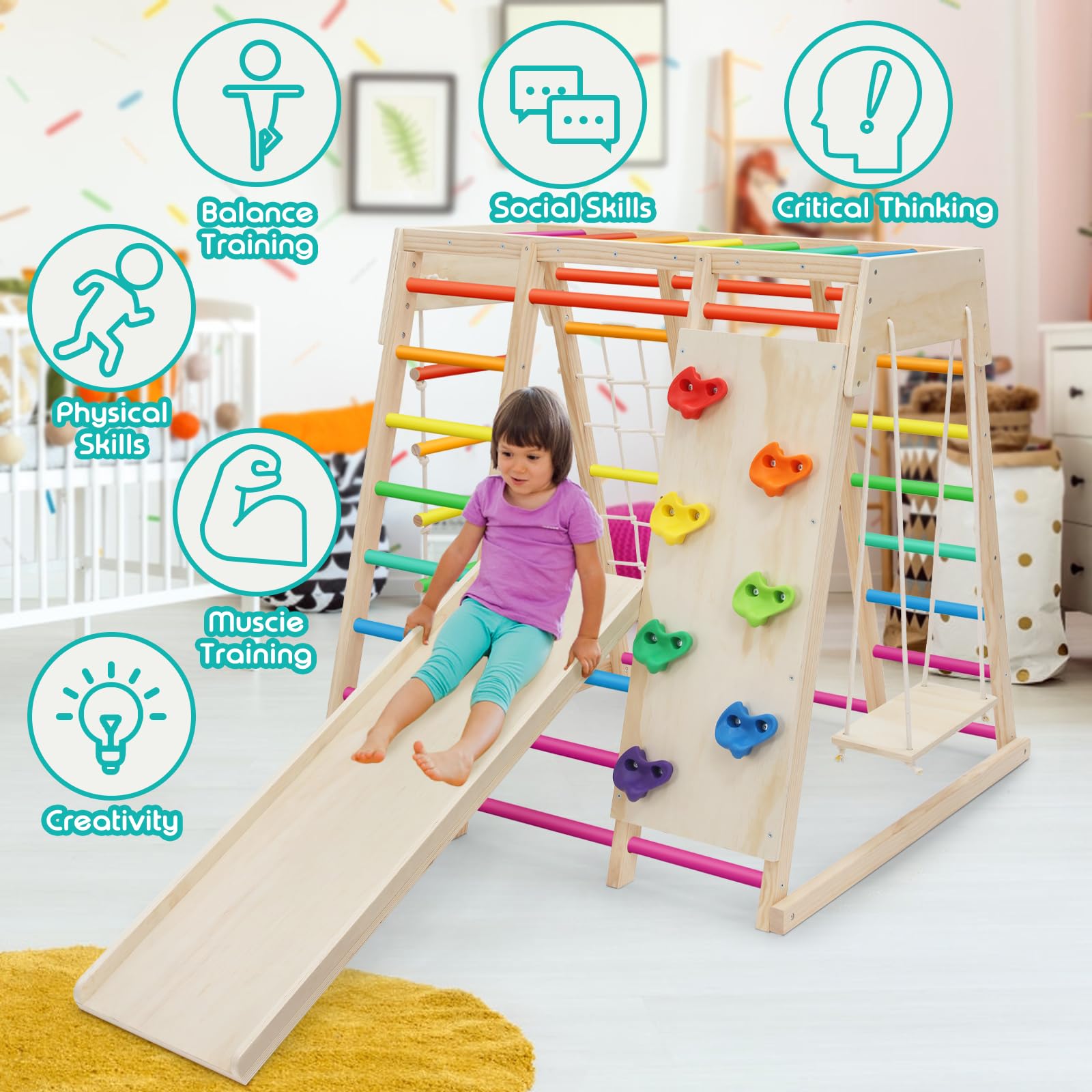 7 in 1 Pikler Indoor Playground Jungle Gym Playset, Wooden Montessori Climber with Slide, Rock Climb Wall, Monkey Bars, Rope Ladder, Climbing Rope and Swing for Kids（Rainbow）