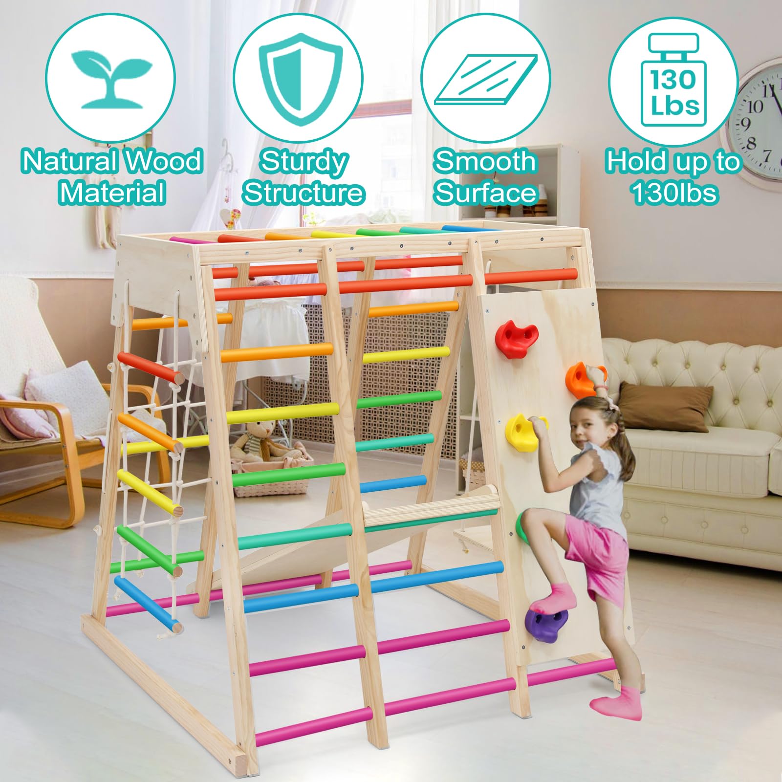 7 in 1 Pikler Indoor Playground Jungle Gym Playset, Wooden Montessori Climber with Slide, Rock Climb Wall, Monkey Bars, Rope Ladder, Climbing Rope and Swing for Kids（Rainbow）