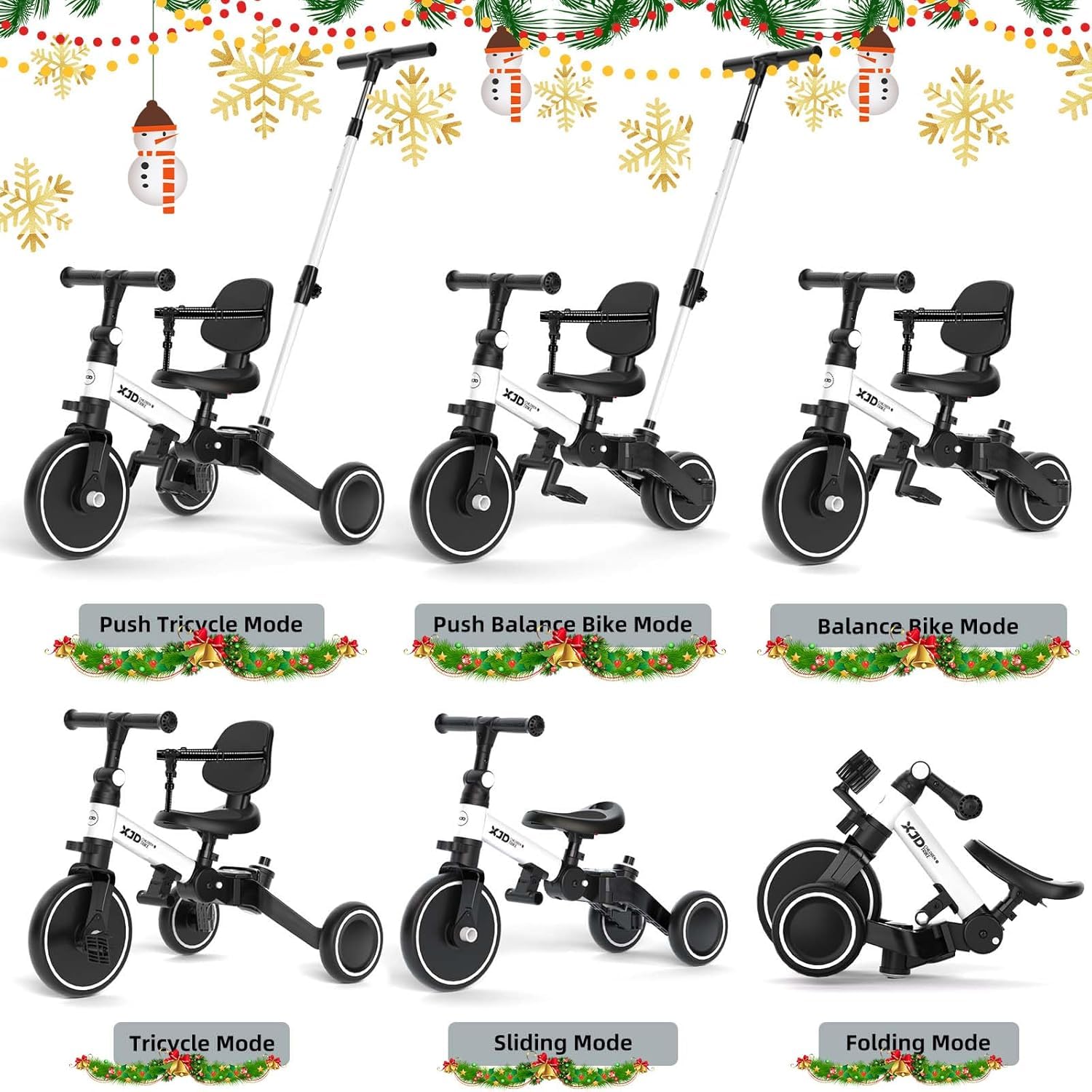 Glaf Tricycle for Toddlers 1-3 Toddler Bike with Push Handle 2-4 Years Baby Bike Toys for 2 Years Boys and Girls Balance Bike with Adjustable Seat Height and Backrest Birthday Gift (White)