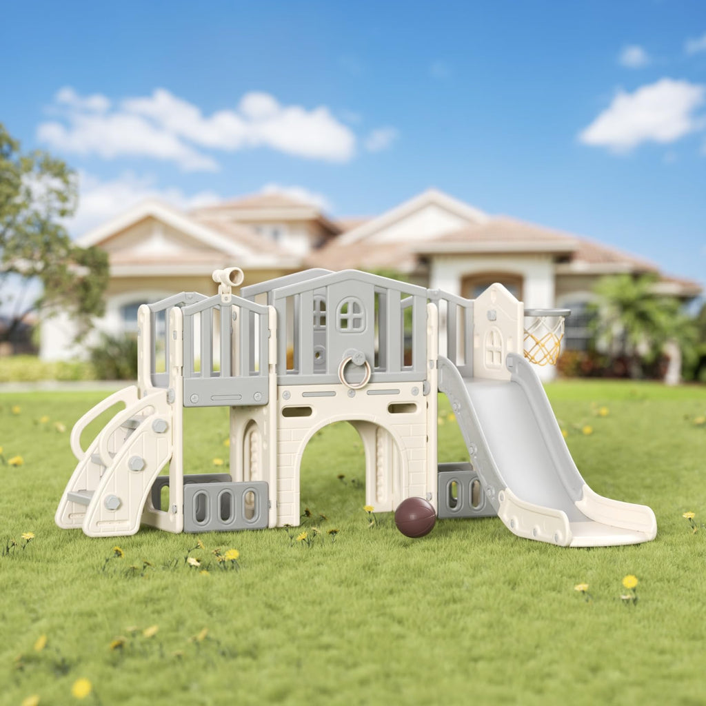 8 in 1 Toddler Slide Set, Kids Slide for Toddlers Age 1-3, Toddler Climber Slide PlaySet with Basketball Hoop and Ball, Outdoor Indoor Kids Playground for Toddlers 1-3, Blue Grey