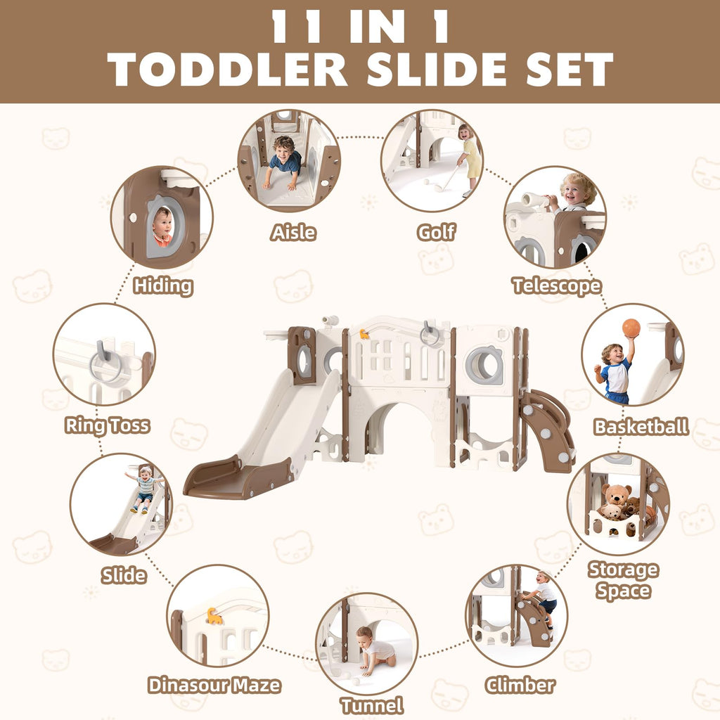 8 in 1 Toddler Slide Set, Kids Slide for Toddlers Age 1-3, Toddler Climber Slide PlaySet with Basketball Hoop and Ball, Outdoor Indoor Kids Playground for Toddlers 1-3, Blue Grey