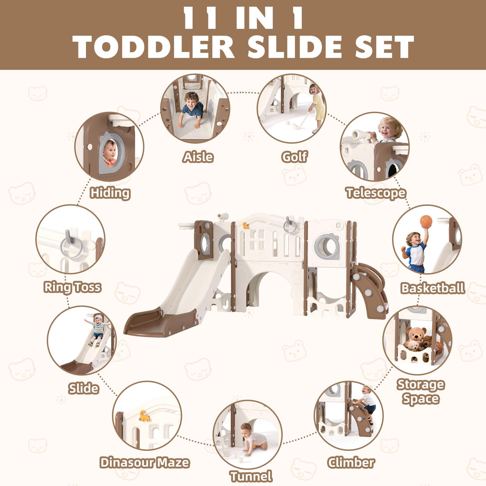 8 in 1 Toddler Slide Set, Kids Slide for Toddlers Age 1-3, Toddler Climber Slide PlaySet with Basketball Hoop and Ball, Outdoor Indoor Kids Playground for Toddlers 1-3, Blue Grey