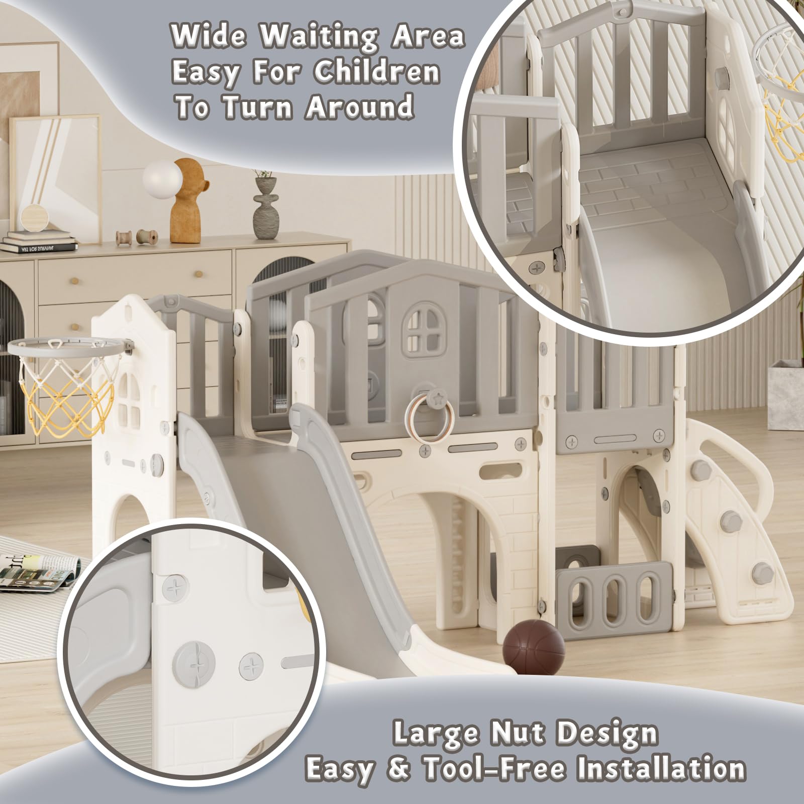 8 in 1 Toddler Slide Set, Kids Slide for Toddlers Age 1-3, Toddler Climber Slide PlaySet with Basketball Hoop and Ball, Outdoor Indoor Kids Playground for Toddlers 1-3, Blue Grey