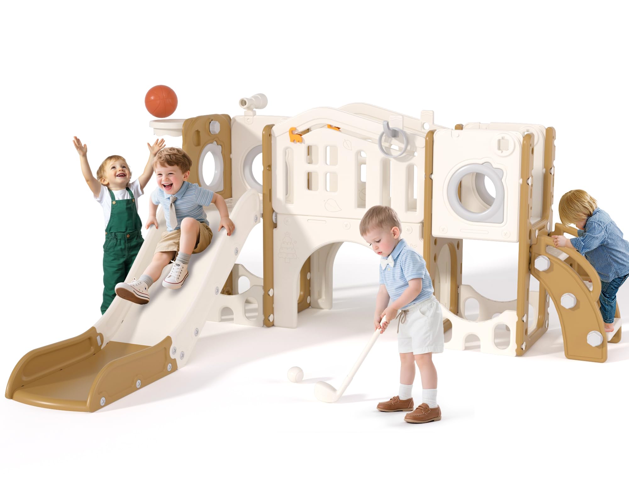 8 in 1 Toddler Slide Set, Kids Slide for Toddlers Age 1-3, Toddler Climber Slide PlaySet with Basketball Hoop and Ball, Outdoor Indoor Kids Playground for Toddlers 1-3, Blue Grey