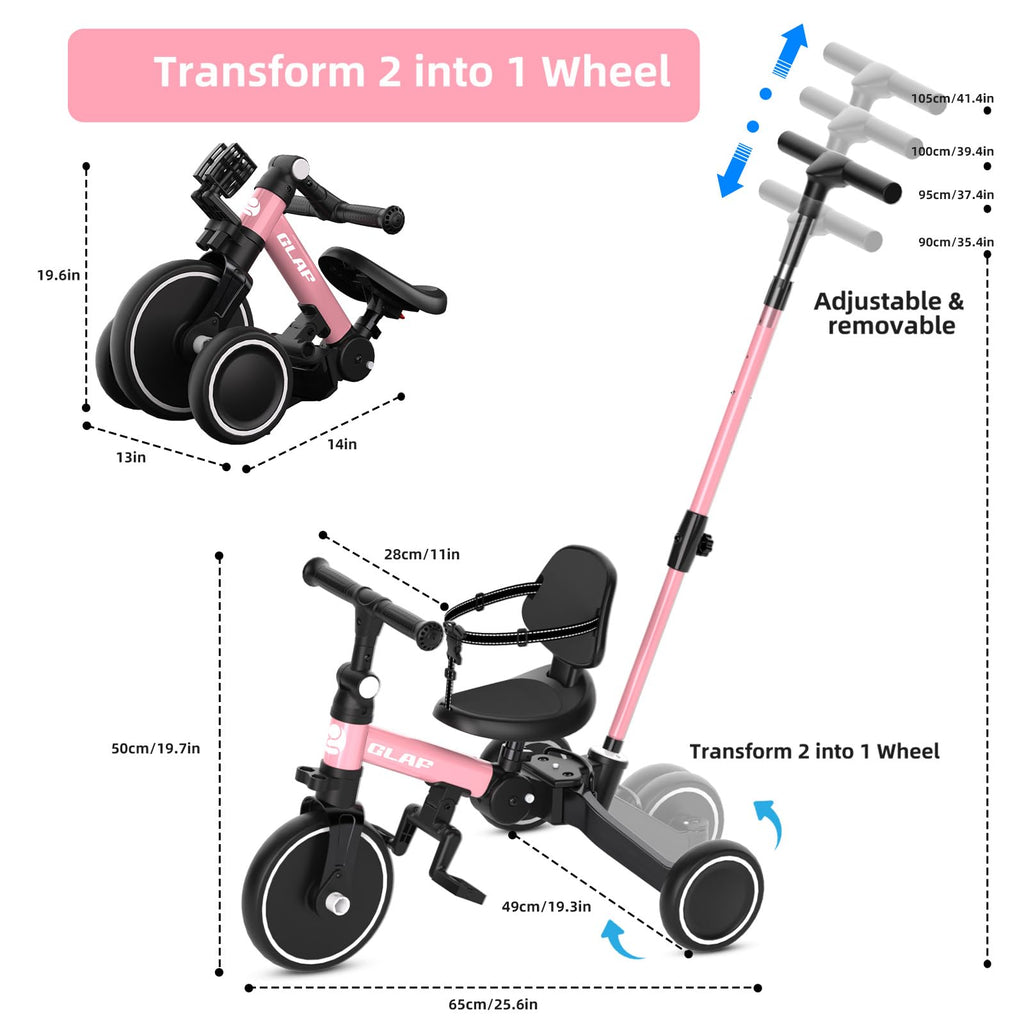 Glaf Tricycle for Toddlers 1-3 Toddler Bike with Push Handle 2-4 Years Baby Bike Toys for 2 Years Boys and Girls Balance Bike with Adjustable Seat Height and Backrest Birthday Gift (White)