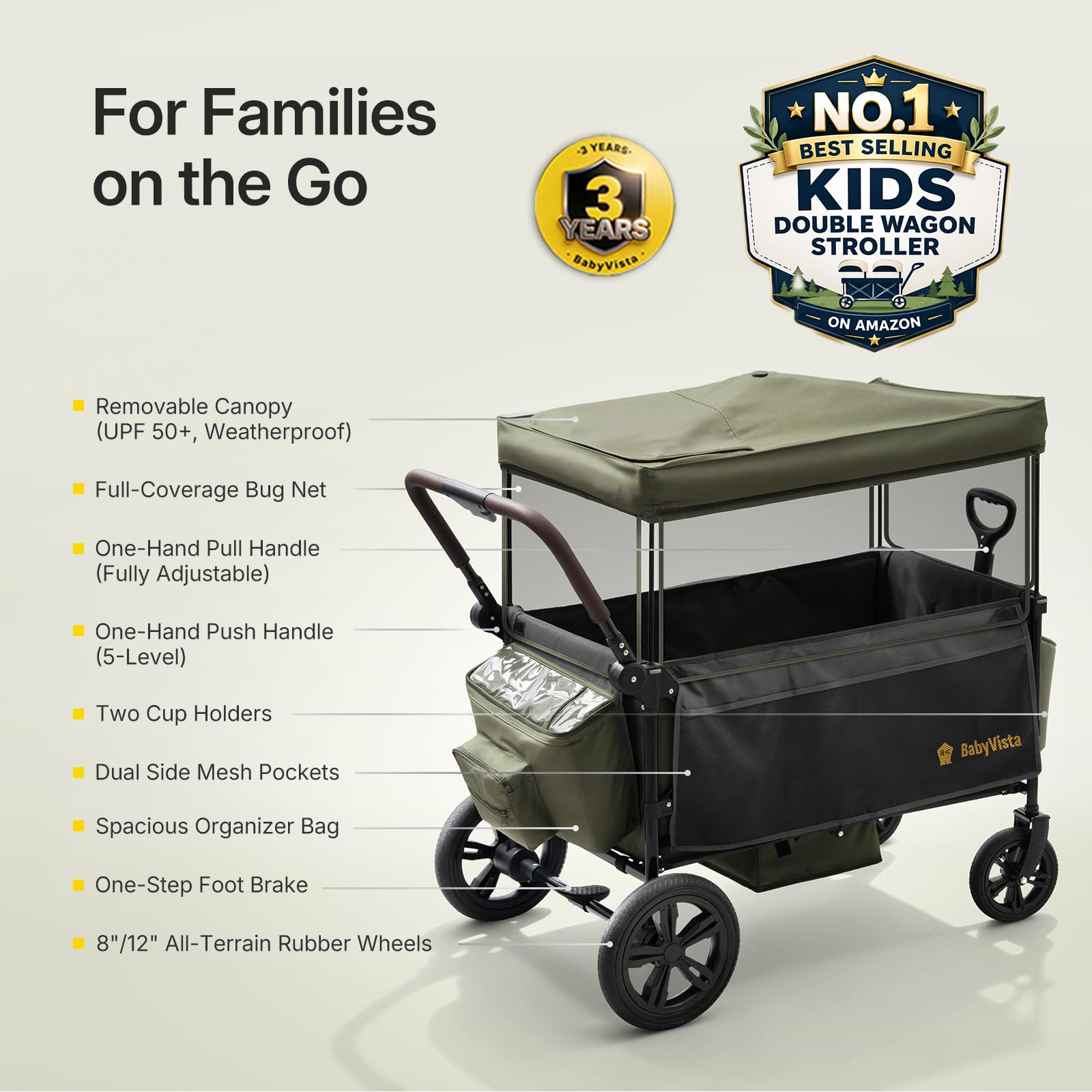 Stroller Wagon for Kids, One-Hand Adjustable Push/Pull Handle