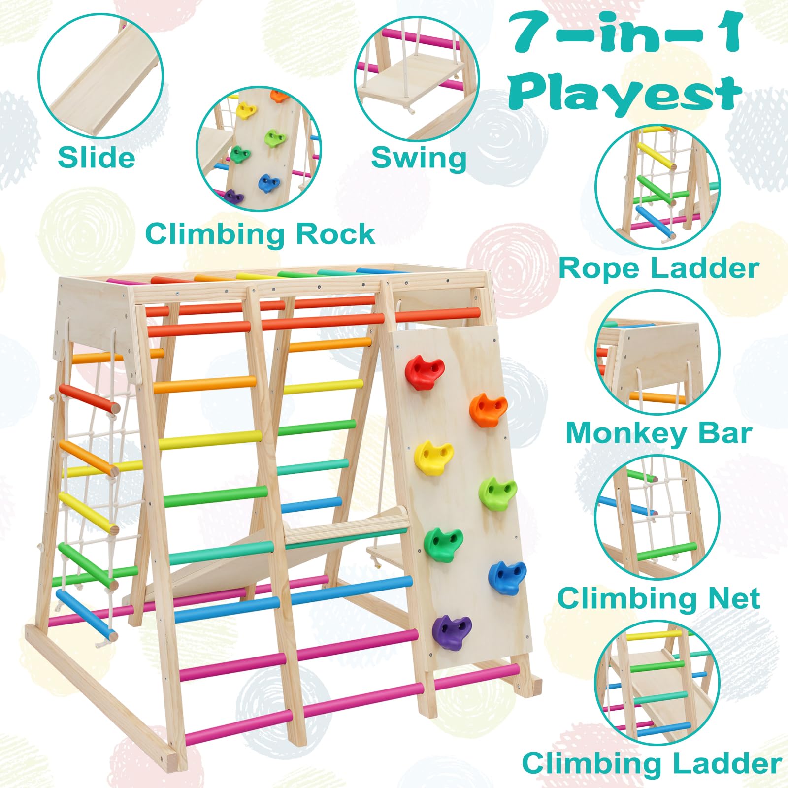 7 in 1 Pikler Indoor Playground Jungle Gym Playset, Wooden Montessori Climber with Slide, Rock Climb Wall, Monkey Bars, Rope Ladder, Climbing Rope and Swing for Kids（Rainbow）