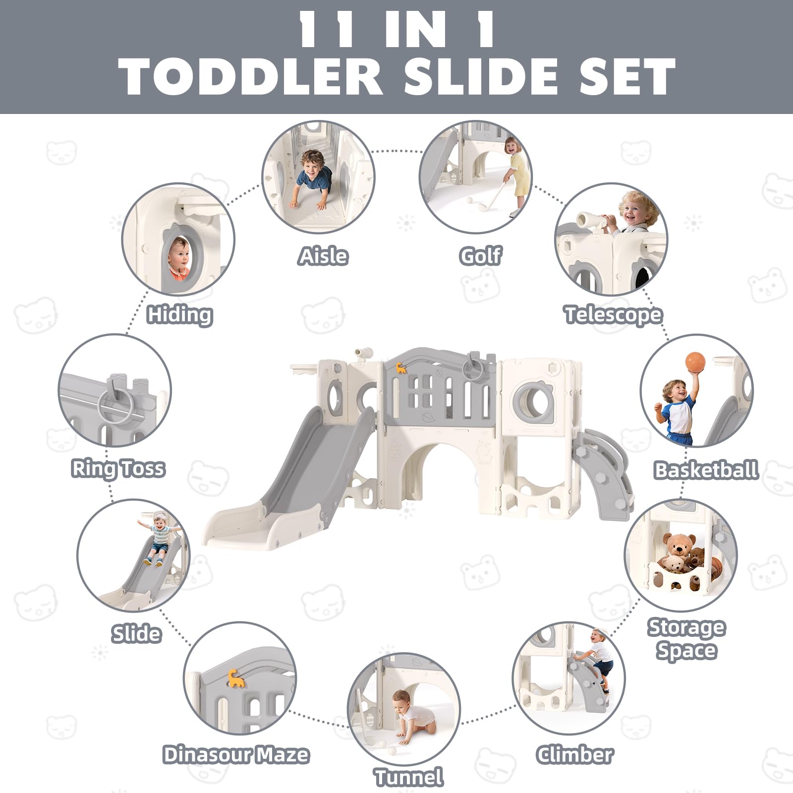 8 in 1 Toddler Slide Set, Kids Slide for Toddlers Age 1-3, Toddler Climber Slide PlaySet with Basketball Hoop and Ball, Outdoor Indoor Kids Playground for Toddlers 1-3, Blue Grey