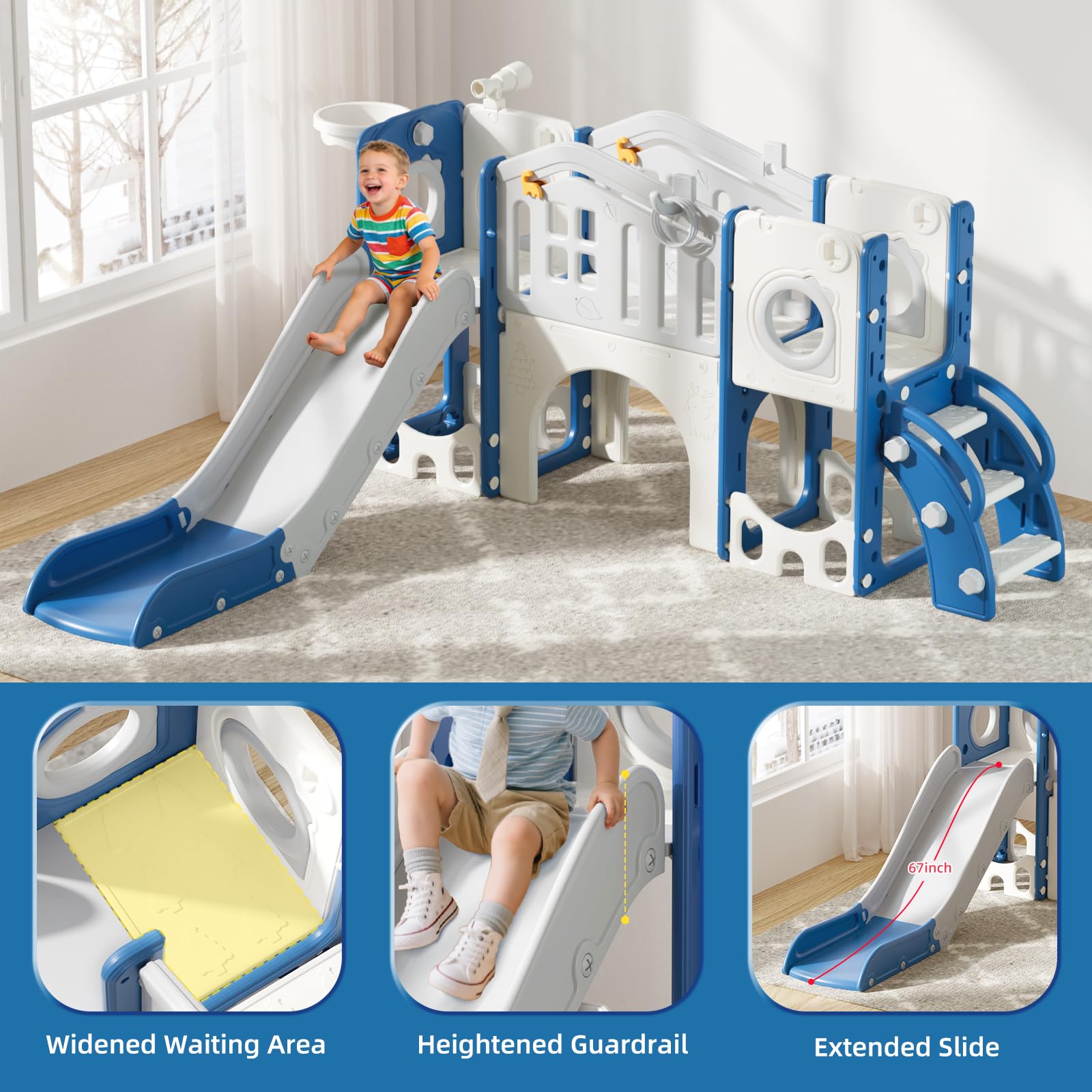 8 in 1 Toddler Slide Set, Kids Slide for Toddlers Age 1-3, Toddler Climber Slide PlaySet with Basketball Hoop and Ball, Outdoor Indoor Kids Playground for Toddlers 1-3, Blue Grey