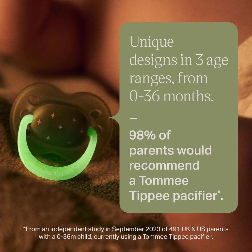 Tommee Tippee NightGlow Pacifiers, 18-36 Months, Glow in the Dark, Symmetrical Nipple, 100% BPA Free Silicone, Dishwasher and Sterilizer Safe, Twilight Tones, Pack of 4