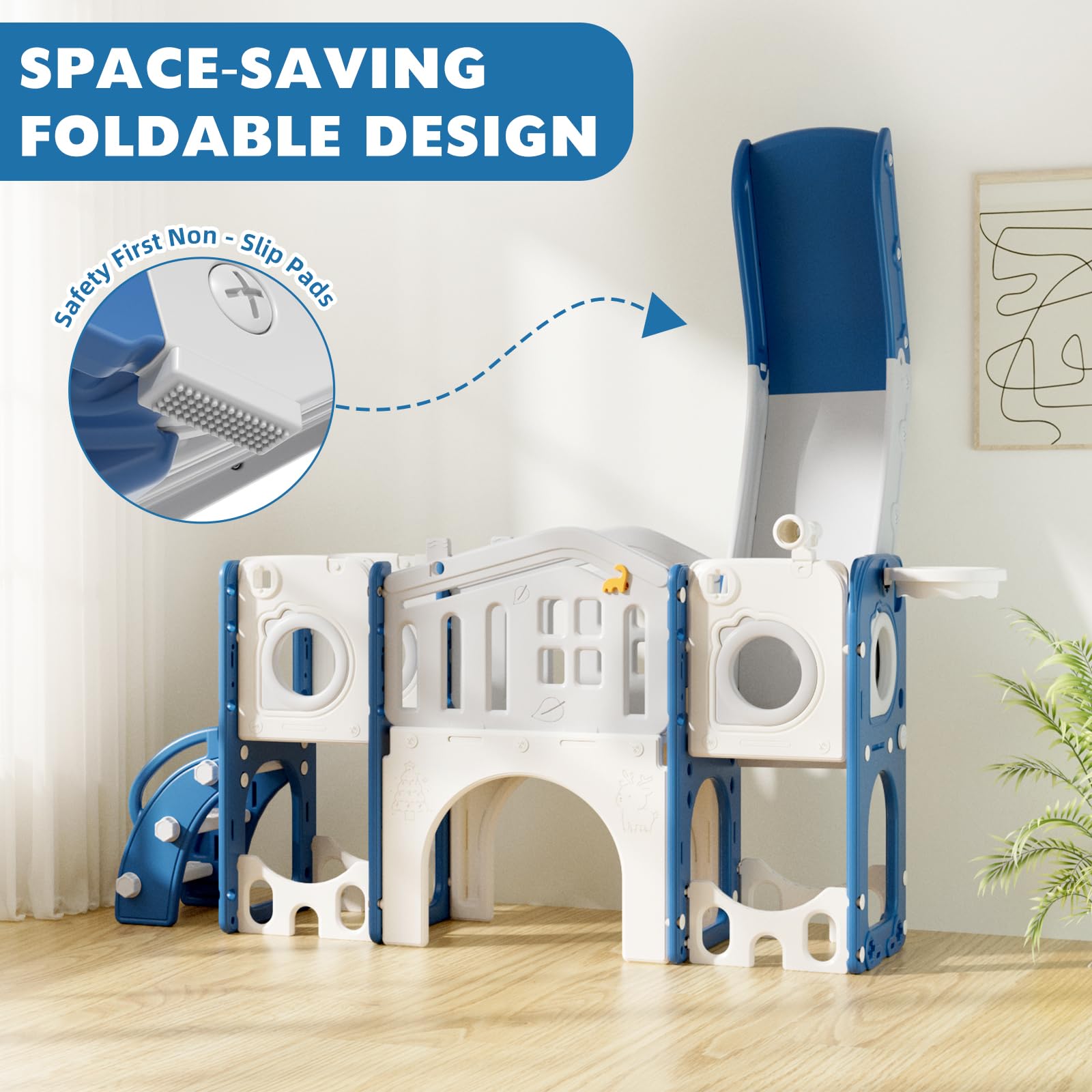 8 in 1 Toddler Slide Set, Kids Slide for Toddlers Age 1-3, Toddler Climber Slide PlaySet with Basketball Hoop and Ball, Outdoor Indoor Kids Playground for Toddlers 1-3, Blue Grey