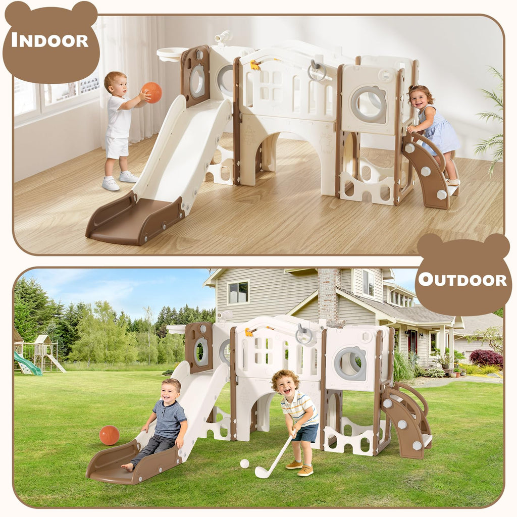 8 in 1 Toddler Slide Set, Kids Slide for Toddlers Age 1-3, Toddler Climber Slide PlaySet with Basketball Hoop and Ball, Outdoor Indoor Kids Playground for Toddlers 1-3, Blue Grey
