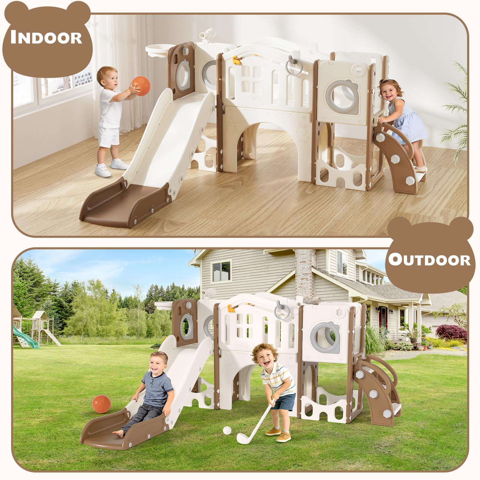 8 in 1 Toddler Slide Set, Kids Slide for Toddlers Age 1-3, Toddler Climber Slide PlaySet with Basketball Hoop and Ball, Outdoor Indoor Kids Playground for Toddlers 1-3, Blue Grey