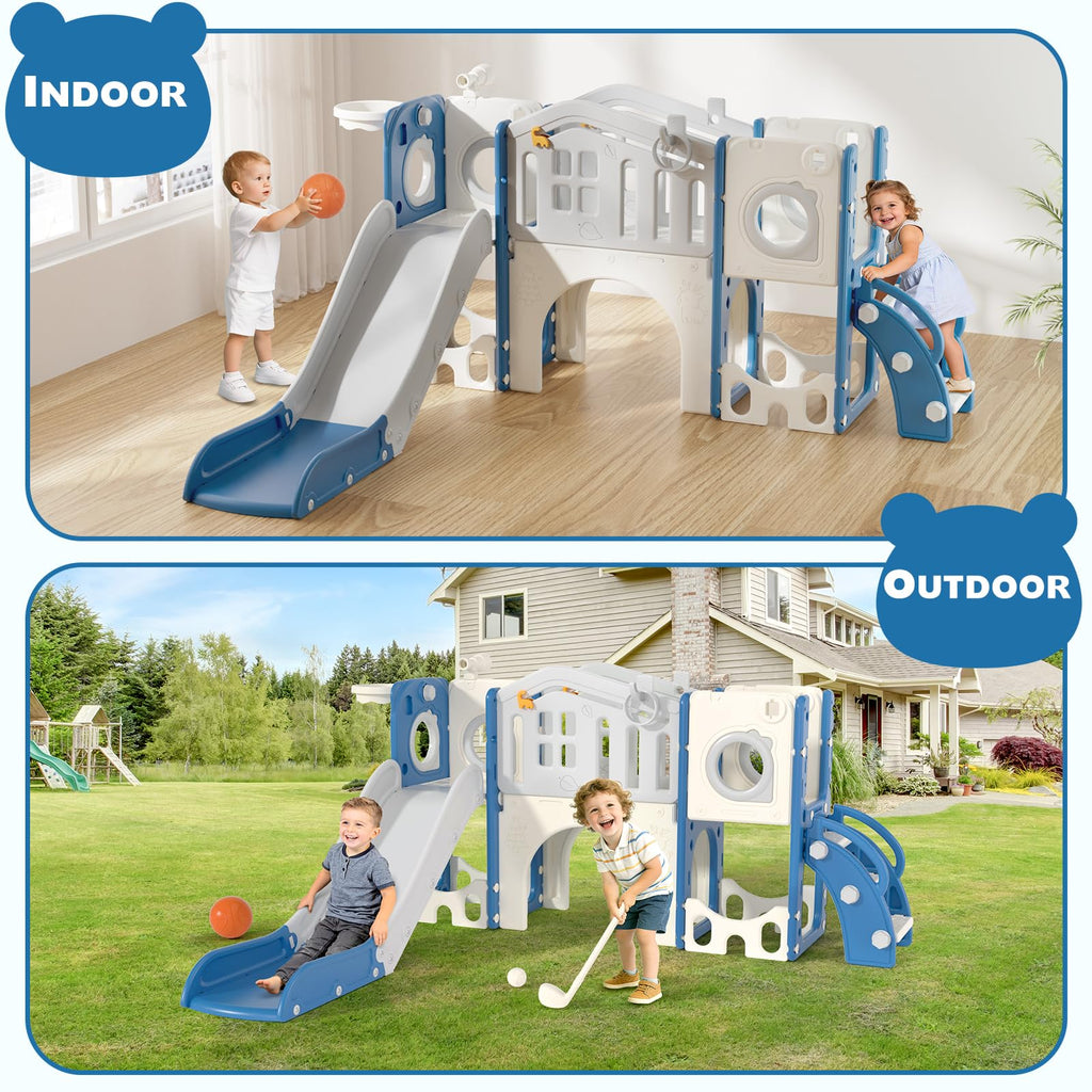 8 in 1 Toddler Slide Set, Kids Slide for Toddlers Age 1-3, Toddler Climber Slide PlaySet with Basketball Hoop and Ball, Outdoor Indoor Kids Playground for Toddlers 1-3, Blue Grey