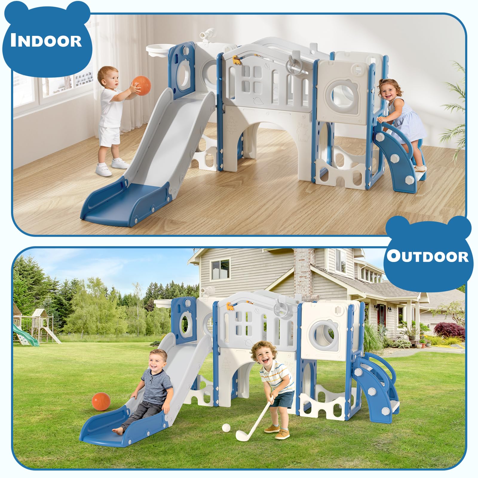 8 in 1 Toddler Slide Set, Kids Slide for Toddlers Age 1-3, Toddler Climber Slide PlaySet with Basketball Hoop and Ball, Outdoor Indoor Kids Playground for Toddlers 1-3, Blue Grey