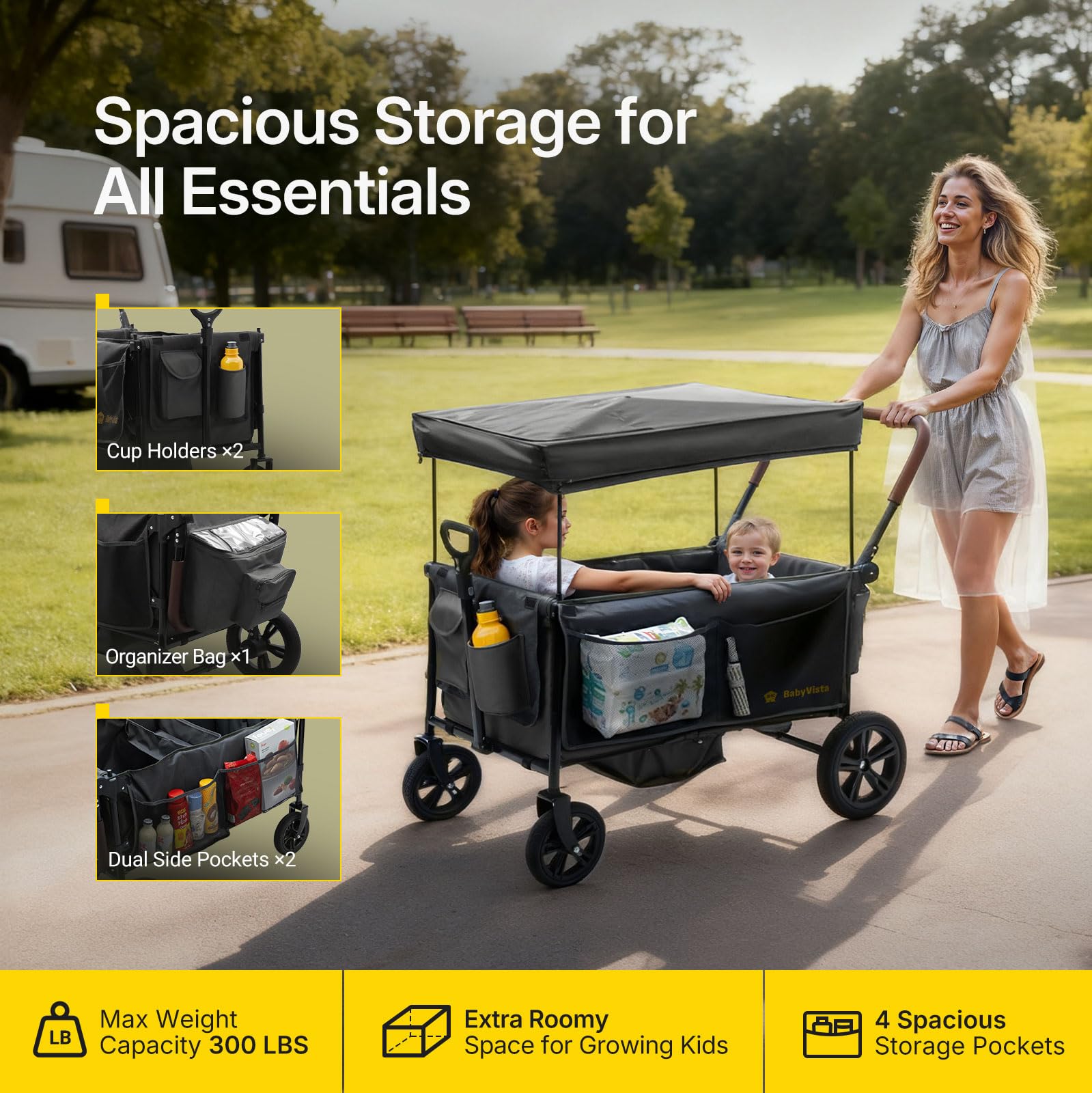 Stroller Wagon for Kids, One-Hand Adjustable Push/Pull Handle | Spacious Storage, 8"/12" All-Terrain Wheels, Canopy with Bug Net, Wagon Stroller for Daily Walks, Short Trips & Grocery Runs