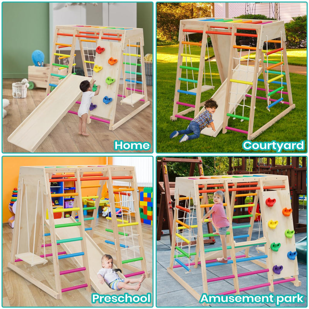 7 in 1 Pikler Indoor Playground Jungle Gym Playset, Wooden Montessori Climber with Slide, Rock Climb Wall, Monkey Bars, Rope Ladder, Climbing Rope and Swing for Kids（Rainbow）
