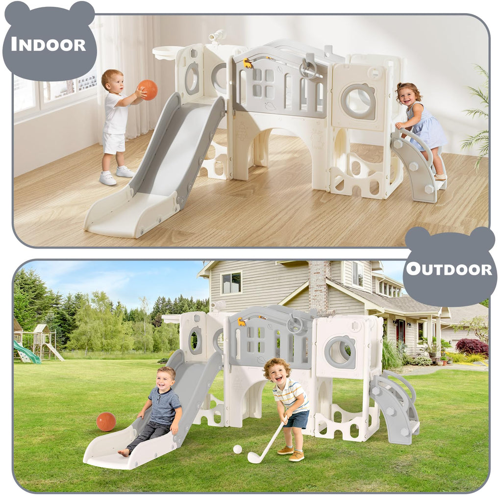 8 in 1 Toddler Slide Set, Kids Slide for Toddlers Age 1-3, Toddler Climber Slide PlaySet with Basketball Hoop and Ball, Outdoor Indoor Kids Playground for Toddlers 1-3, Blue Grey