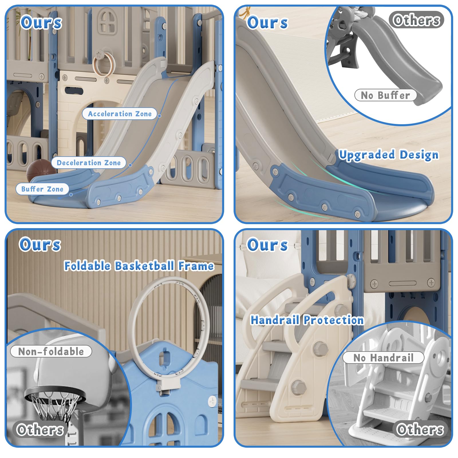 8 in 1 Toddler Slide Set, Kids Slide for Toddlers Age 1-3, Toddler Climber Slide PlaySet with Basketball Hoop and Ball, Outdoor Indoor Kids Playground for Toddlers 1-3, Blue Grey
