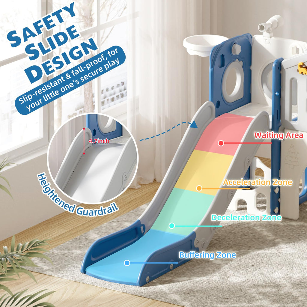 8 in 1 Toddler Slide Set, Kids Slide for Toddlers Age 1-3, Toddler Climber Slide PlaySet with Basketball Hoop and Ball, Outdoor Indoor Kids Playground for Toddlers 1-3, Blue Grey